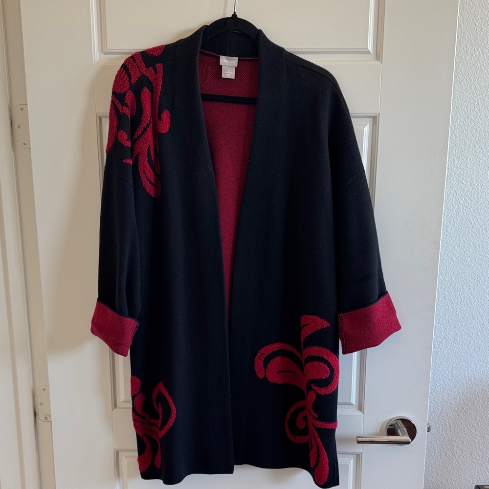 Chico's Black and Red Cardigan with Elegant Patterns